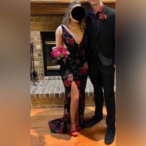 Sherri Hill Black Gown with Red and Pink Floral Sequin Embroidery